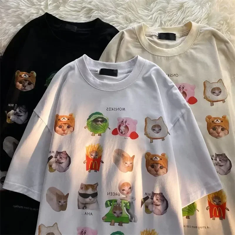 Cute Cat Sticker Printed Plus Size T-shirt Short-sleeved Cotton Y2K Top Teen Cartoon Pattern T-shirt Summer Loose Casual