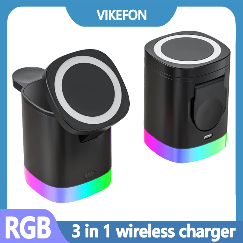 3 in 1 Magnetic Wireless Charger Stand RGB Light Phone Fast Charging Station For iPhone 15 14 13 12 Pro Max AirPods iWatch 8 7 6