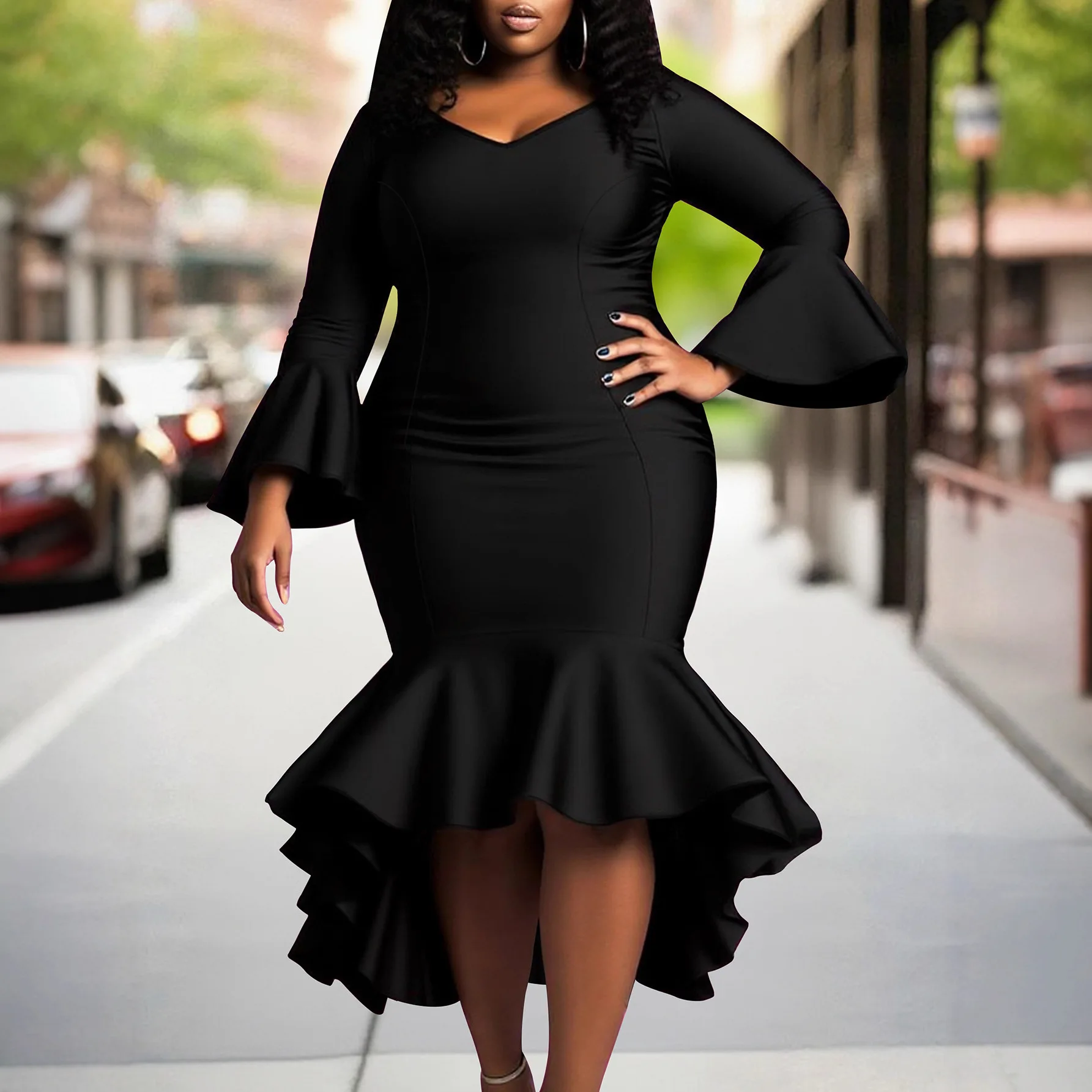 Plus Size Mermaid Dress for Women Sexy V-neck Flare Sleeve Three Quarter Black Slim Solid Elegant Party Evening Dresses 2025