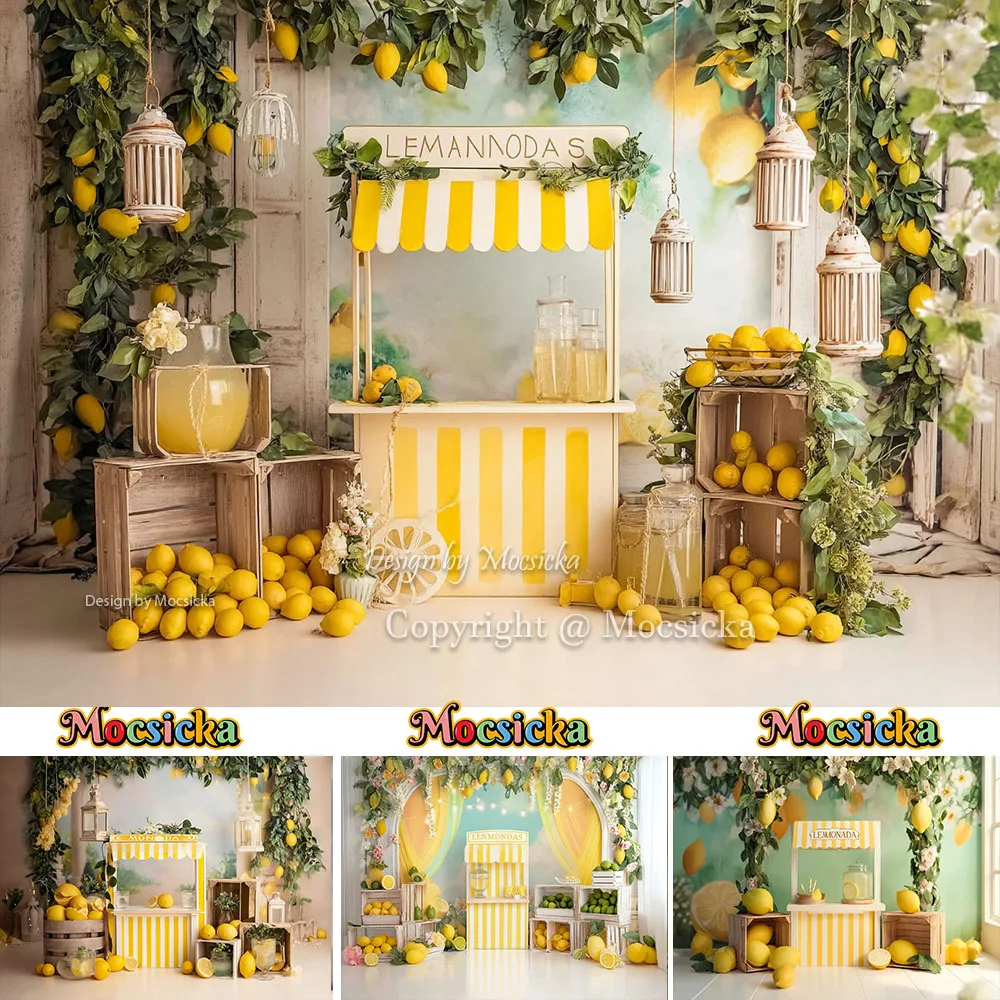 Mocsicka Summer Lemonade Stand Backdrop Photography Lemon Greenery Background Kids 1st Birthday Baby Shower Photo Booth Decor