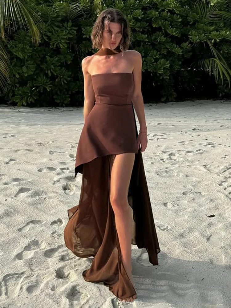 TARUXY Fashion sukienka bez ramiączek ze wstążką kobieca elegancka bez rękawów siateczkowa długa sukienka na wakacje na plaży 2025 wiosna nowa damska sukienka