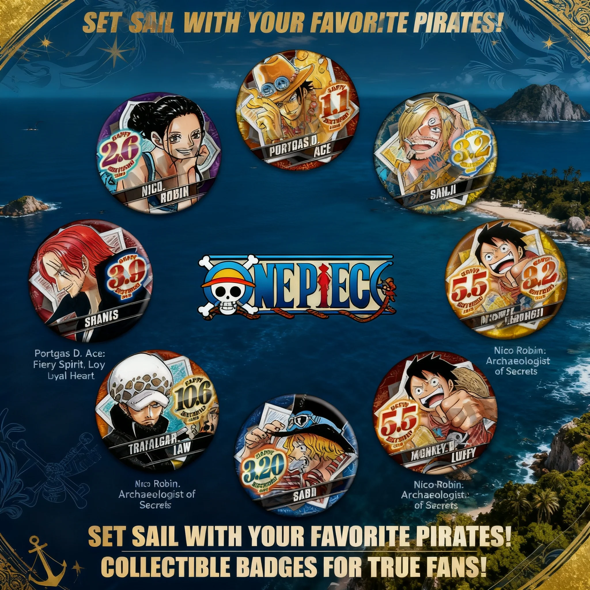 

One Piece Anime Badge 2020 Birthday Bar Pin Luffy Zoro Chopper Sabo Ace Accessories Pendant Souvenir Collection Gift for Fans