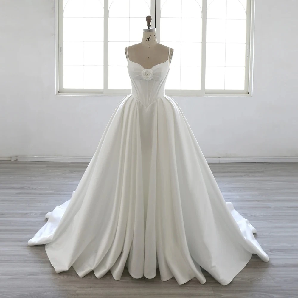 Customized Elegant Satin Criss-Cross Pleat Draped Handmade Flower A-line Spaghetti strap Long Dresses Bespoke Occasion Dresses