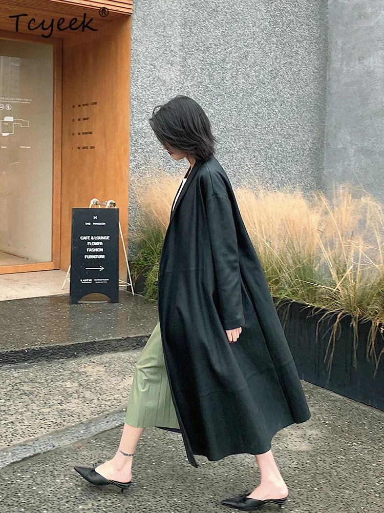 Tcyeek Pelle di pecora Primavera Autunno Colletto nero del vestito Vintage Giacca in vera pelle da donna di media lunghezza Жaki Julaiжаusus Куртка