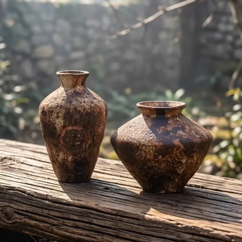 Wabi Sabi Pottery Vase Retro Zen Tea Room Dining Table Ornament Antique Ceramic Flower Arrangement Hydroponic Porcelain Decor