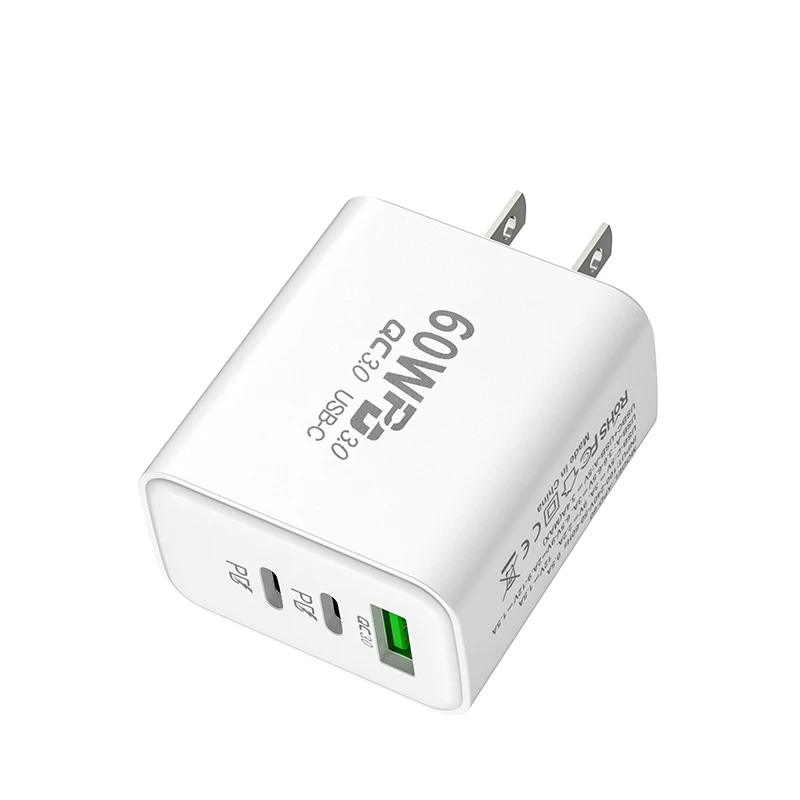 Cargador APD-60 de pared con 3 puertos USB, adaptador de carga rápida, + USB-A USB-C Dual, 60W, PD, QC3.0, enchufe europeo y estadounidense para teléfono inteligente