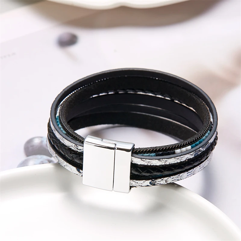 Böhmische Vintage mehr schicht ige Leder armbänder für Frauen hand gefertigte gewebte Leder breite Magnet verschluss Herren Armreif Modeschmuck – Detail 32