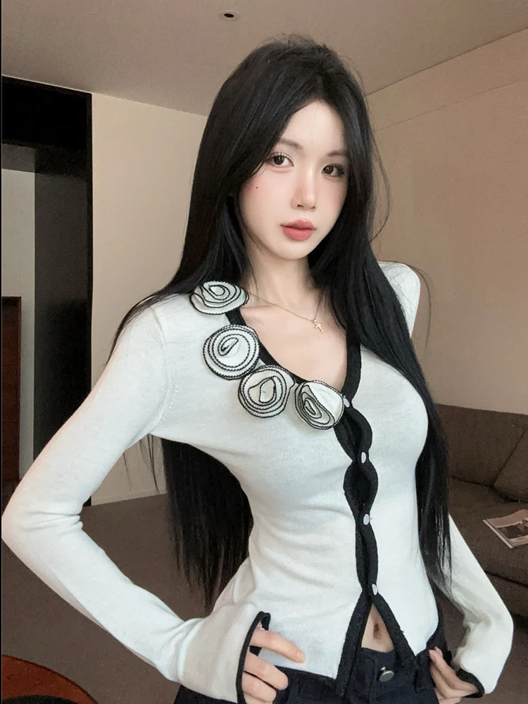 

Design Sensation 3D Rose Color Blo V-Ne Вязаный открытый кардиган Сексуальный сверкающий полупрозрачный универсальный топ Модный женский...