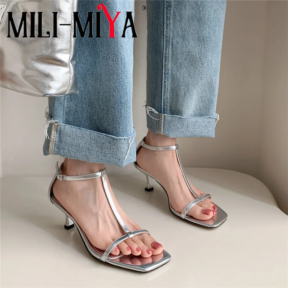 

MILI-MIYA Women's Simple Streamline Design Cowhide Fine Heel Sandals Square Toe Cover Heels Ankle Wrap Big Size 34-40 For Ladies