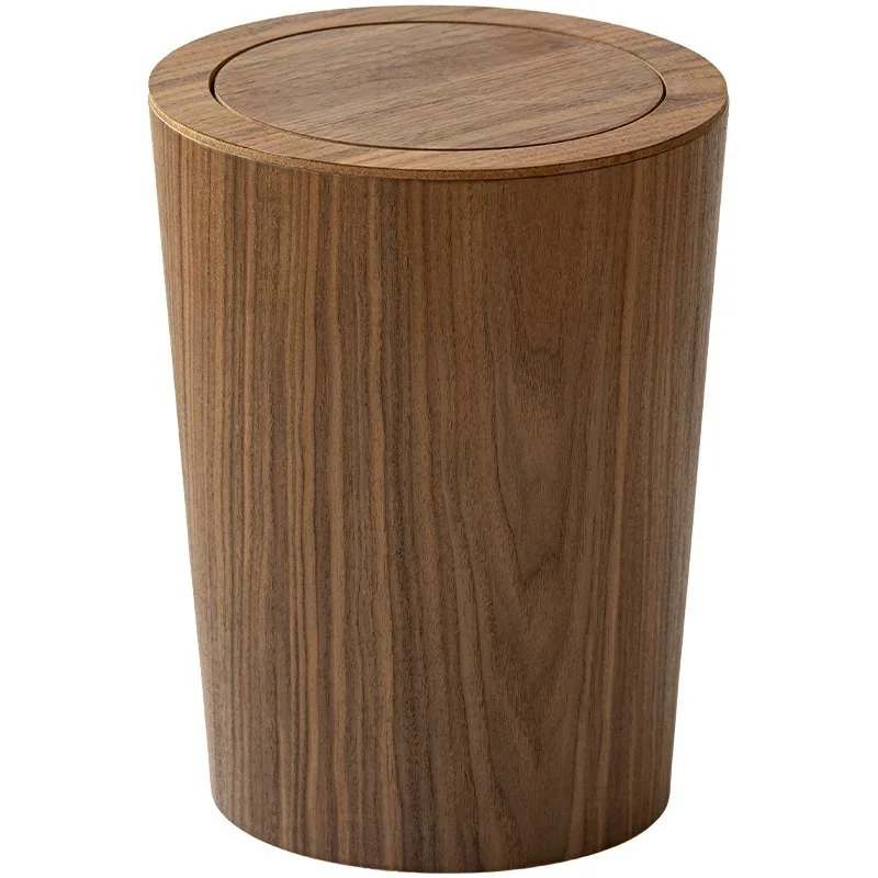 Household Wooden Trash Can With Lid Kitchen Bathroom Living Room Bedroom Simple Lidless Wood Grain Storage Box Round Press Type