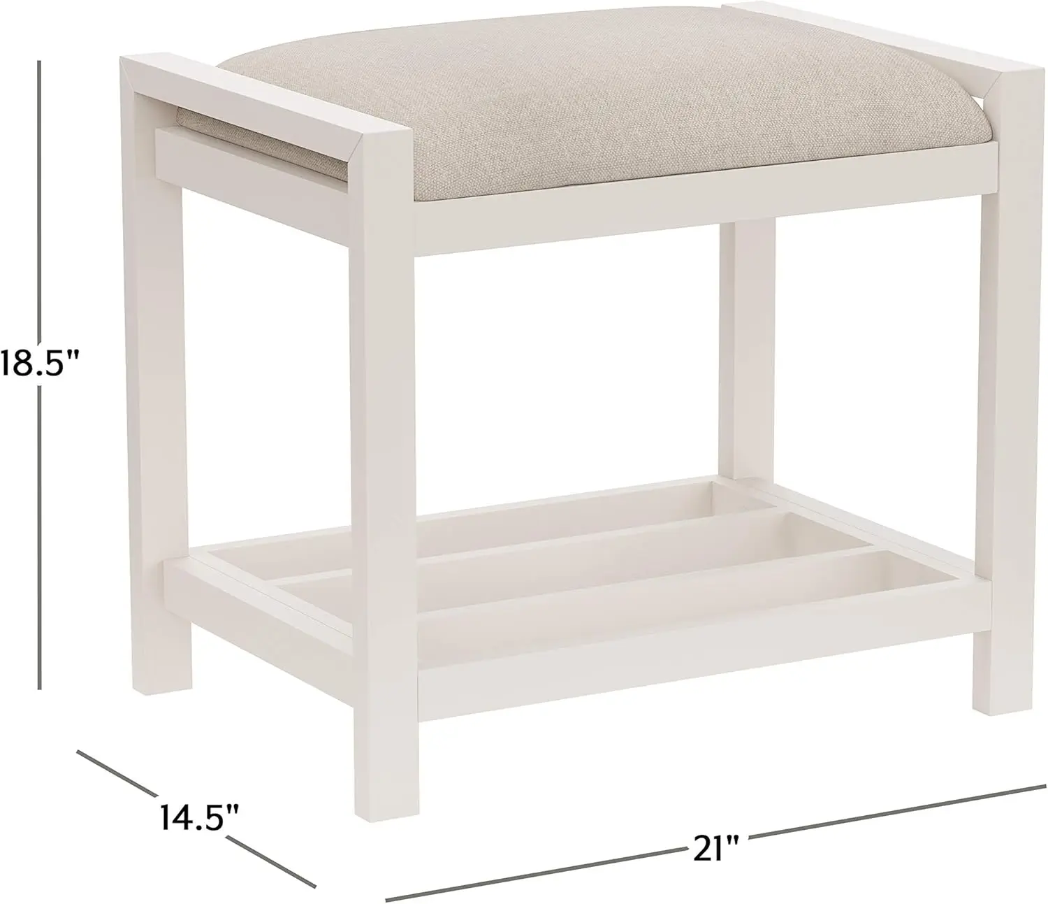 White Vanity Stool with Shelf Storage, Backless Rectangular Design, Durable Polyester Fabric