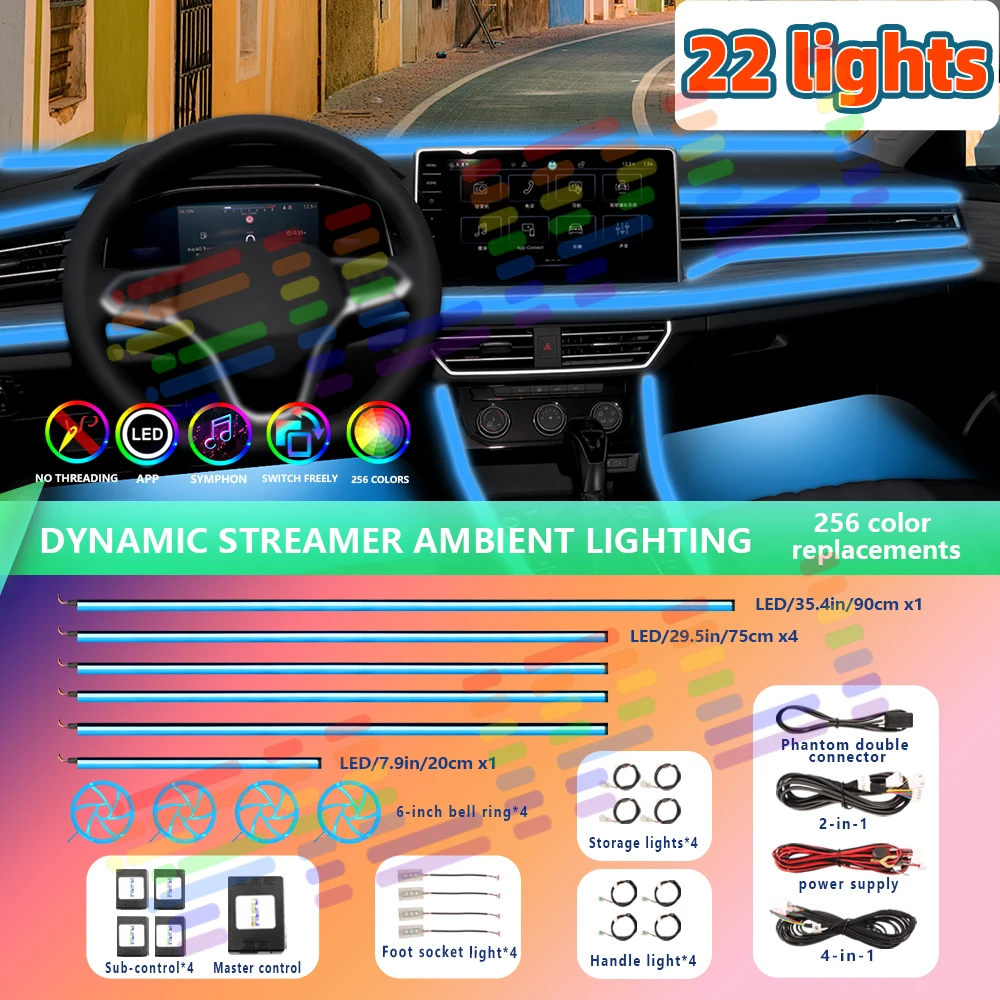 Car Interior Ambient Lights Universal Auto Acrylic Atmosphere Lamp Strip Symphony Colorful Rainbow RGB LED App Control Lighting