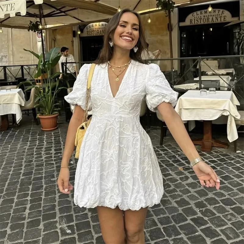 TRAF Embroidery White Dresses Woman Summer Short Dresses For Women Puff Short Sleeve Mini Dress 2024 Voluminous Holiday Dress