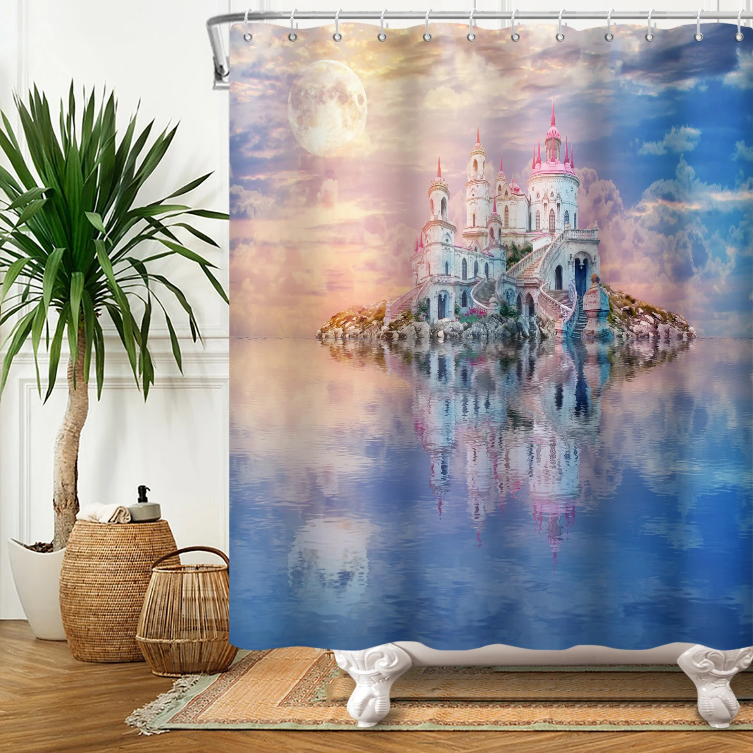 Dreamy Castle Blue Sky Shower Curtain Baby Room Decor Curtain Waterproof Bathroom Partition Curtain Hanging With Hooks Props