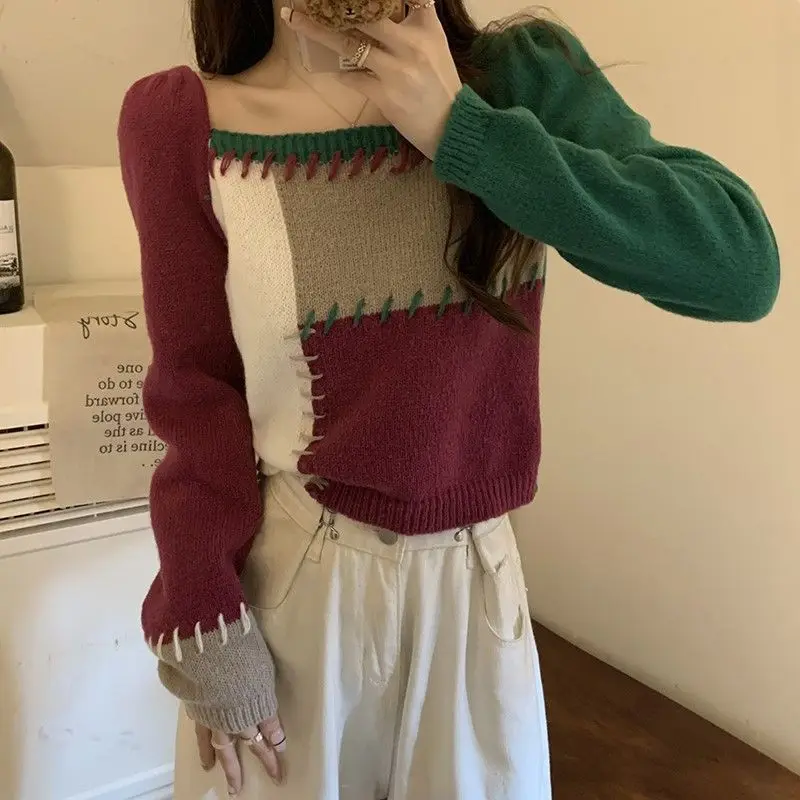 

Short Knitted Sweater Women's Autumn Winter High Waist Base Layer Square Neck Small Size Top Long Sleeve Versatile Knitwear B327