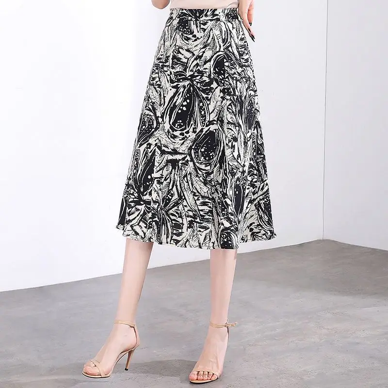 

Pleated Korean A-Line Plus Size Thin Fashion Commute Skirt New Spring and Summer Women's Style High Waist Loose Printed