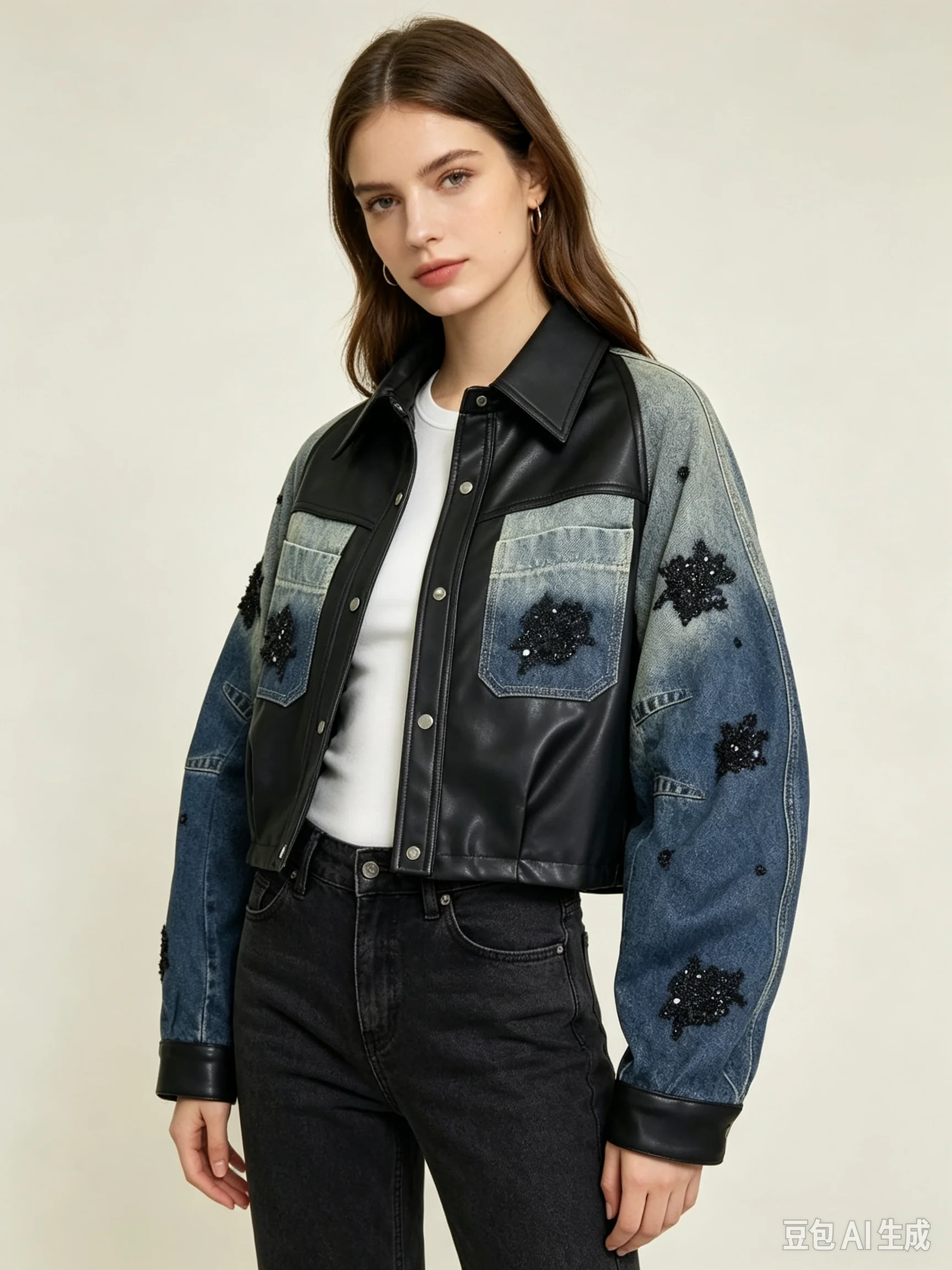 European and American trendy women's loose fitting patchwork heavy-duty nail bead embroidered denim jacket