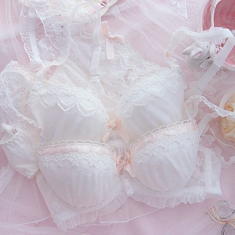 Sweet lace princess girl lingerie underpants heart cute lolita small chest gathered bra sexy bra steel ring lingerie with briefs