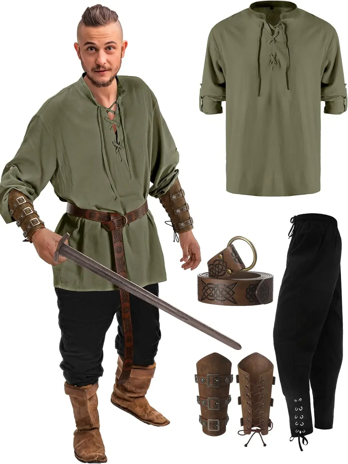 4 Pcs Halloween Men's Renaissance Costume Set Medieval Pirate Shirt Ankle Banded Pants Viking Belt Accessories