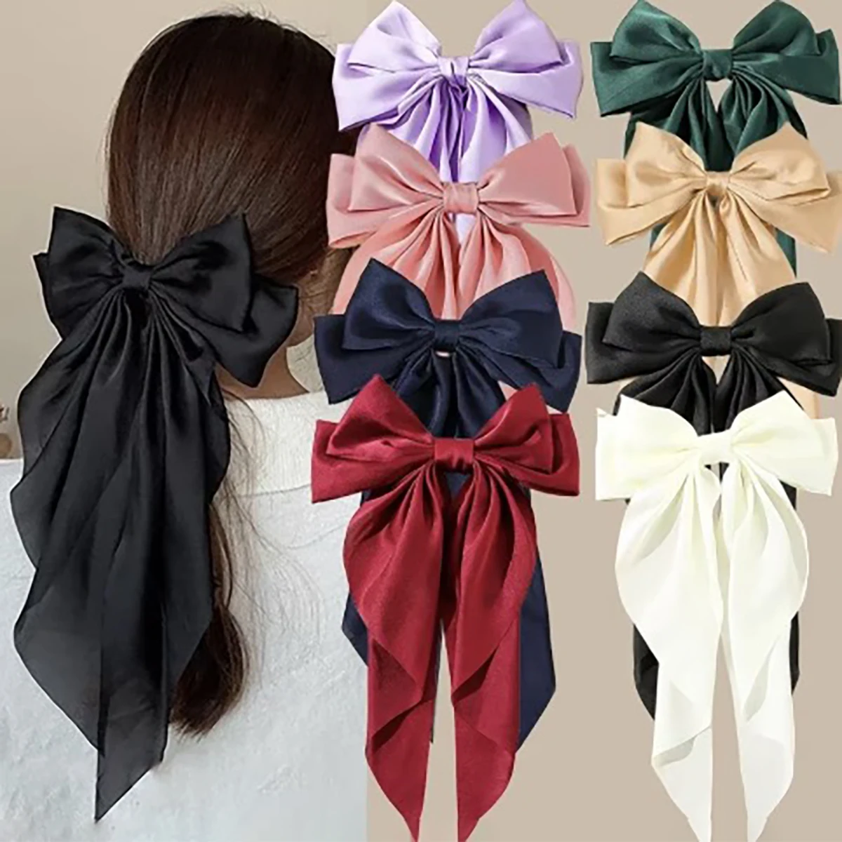 

1pc Korean Accessories Hair Clips for Women Girls Big Bowknot Solid Satin Long Ribbon Bows Spring Clamp Barette ﻿