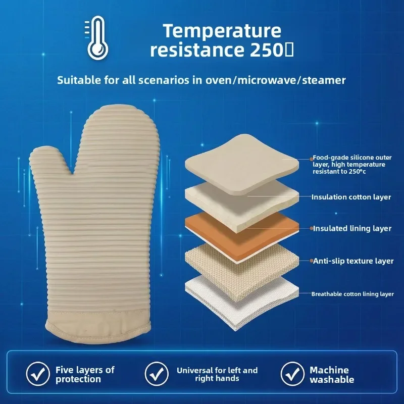 Food Grade Silicone Kitchen Mitts Striped Thickened Heat Resistant Anti Skid Gloves for Microwave Baking Cooking