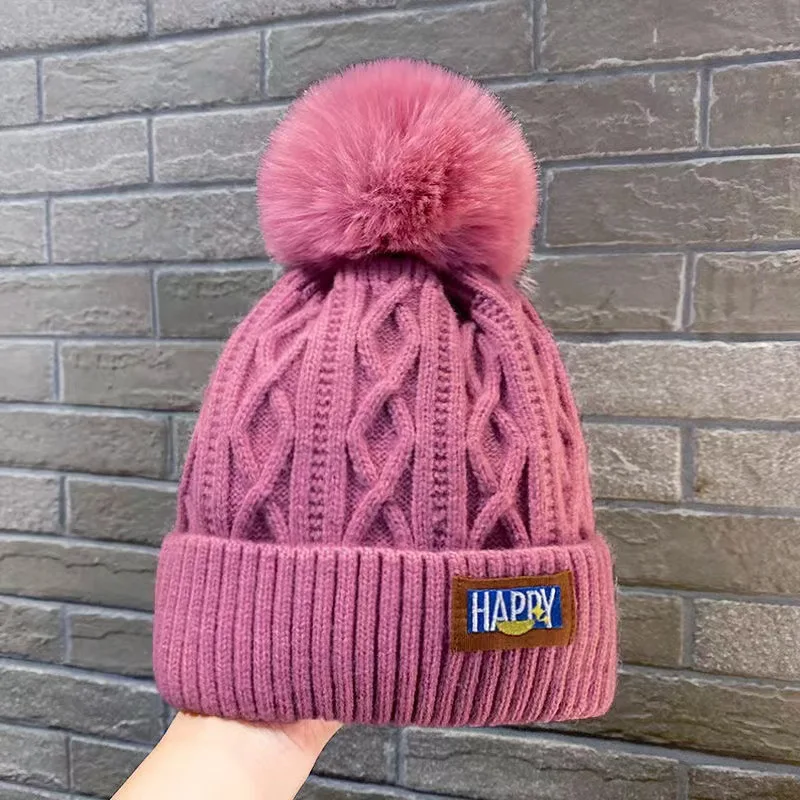 Korean Knitted Cold Hats Faux Fur Embroidery Letter Beanie Female Soft Solid Color Crochet Cap Winter Plus Velvet Warm Wool Hat