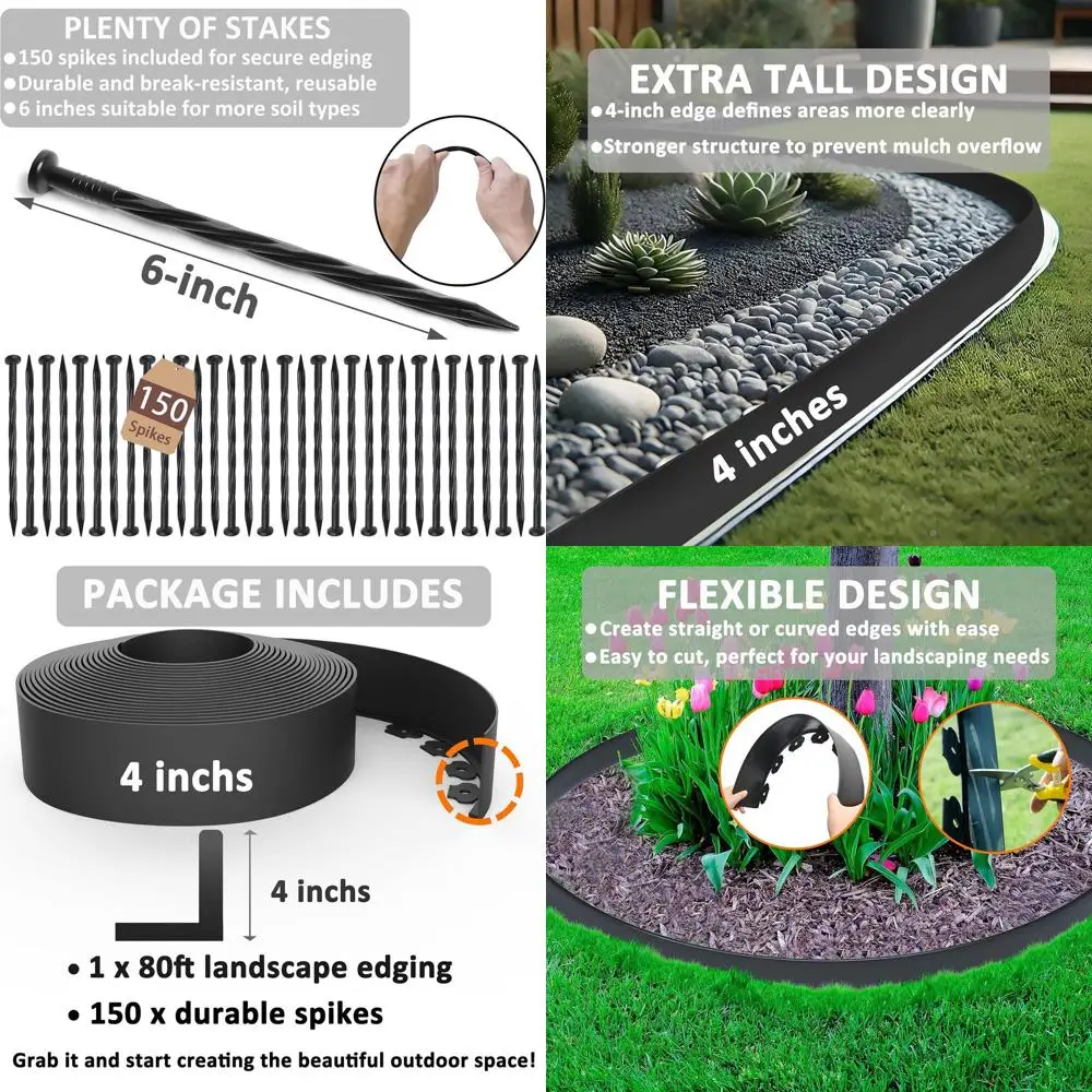 

80FT Black Garden Landscape Edging Kit with 150 Spikes for Lawn and Flower Bed Borders