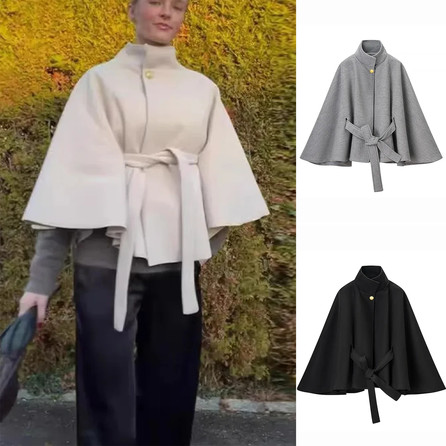 

Winter New Arrival Women's Retro Sle Stand Collar Long Sve Knot Belted ort Length Woolen Coat