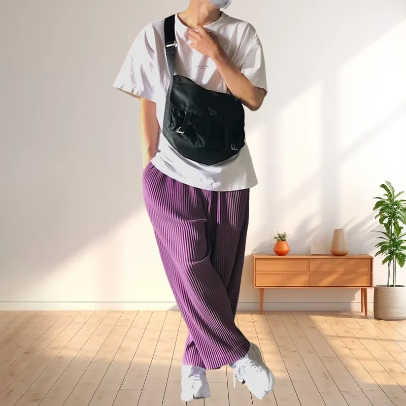 

Miyake плиссированные мужские брюки, драпированные прямые свободные широкие повседневные брюки в японском уличном стиле, молодежная одежда из полиэстера