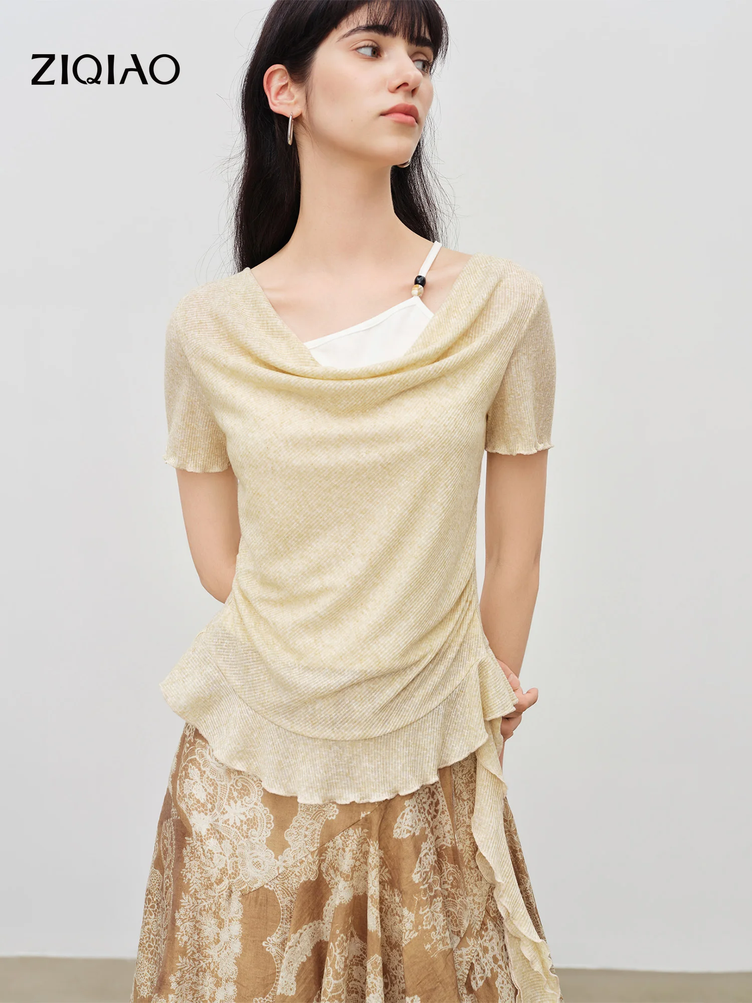 

ZIQIAO Women's 2026 Summer New Style Ruffled Short-Sleeved Top Draped Swing Neck and Faux Two-Piece Korean Design