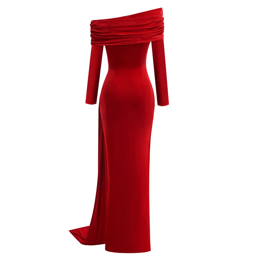 Elegante vermelho manga longa em camadas plissado maxi vestido com anel de aço cintura fita longa sexy alta divisão vestido de baile para festa cocktail