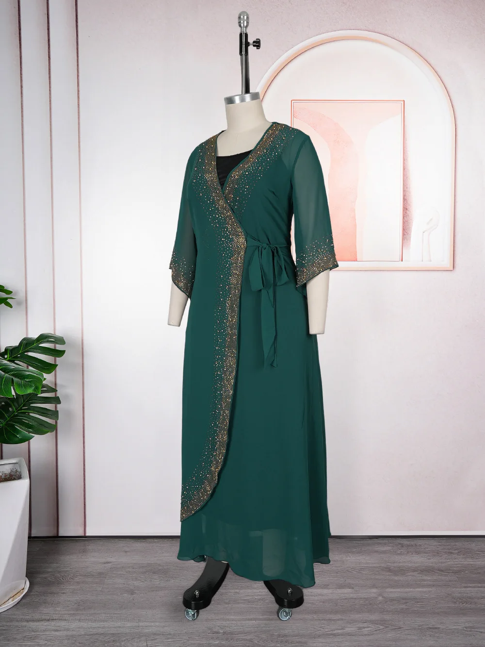 

Модный шифоновый комплект с бриллиантовым декором: женская мусульманская джалабия, платье-накидка с внутренней подкладкой, дубайская абайя, кафтан, кимоно, кардиган, вечернее платье