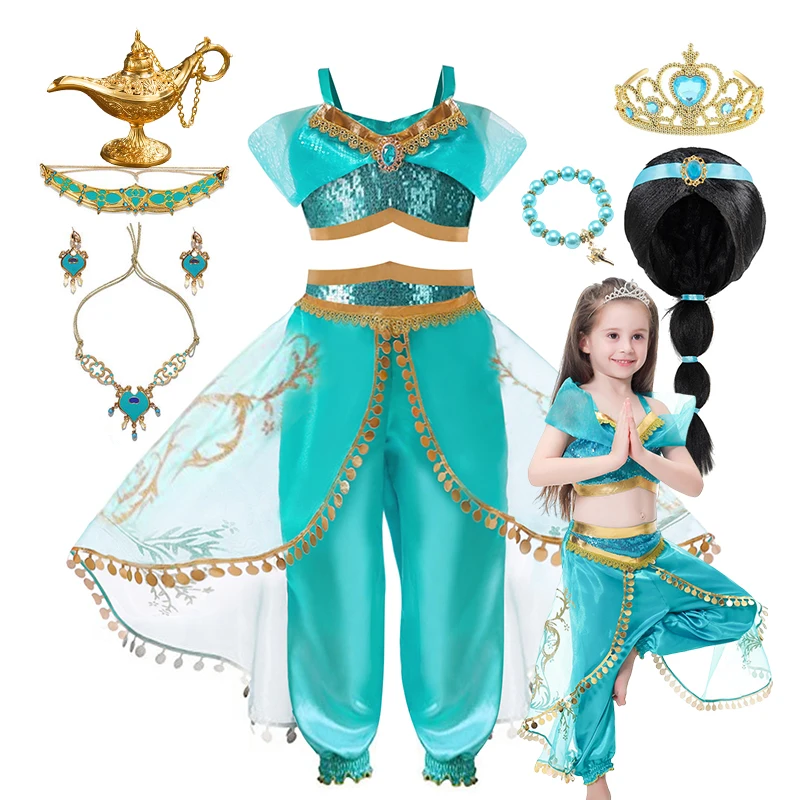 Disney Girls Cosplay Jasmine Princess Dress Up Aladdin Magic Lamp Costume Halloween Birthday Party for 2-12 Yrs Kids Vestidos