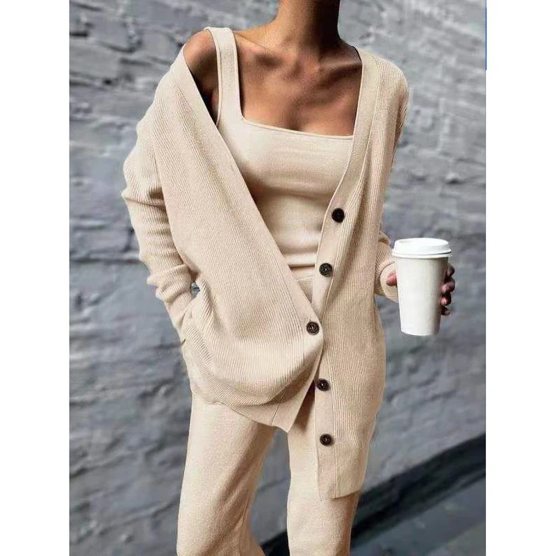 V Neck Cardigan Coat Knitted Three Piece Set Vest and Long Pants Woman Women's Autumn 2023 Tank Top Loose Trousers Outfits 28657