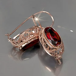 Huitan Oval Red/Blue Cubic Zircon Drop Earrings for Women Rose Gold Color Aesthetic Hollow Pattern Vintage Elegant Lady Jewelry