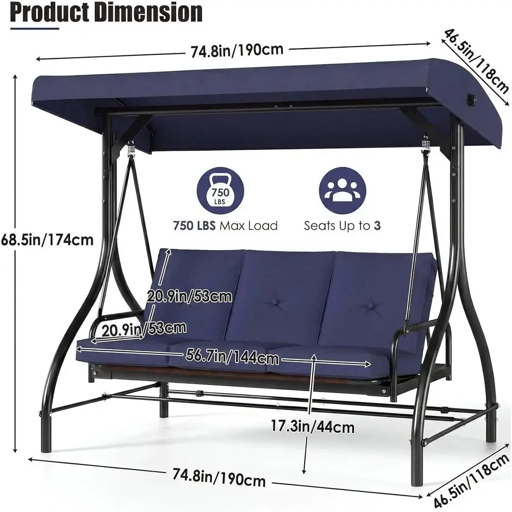 3-Person Outdoor Swing with Adjustable Backrest, Convertible Glider, Removable Cushion, Suitable for Patio, Poolside, Balcony -