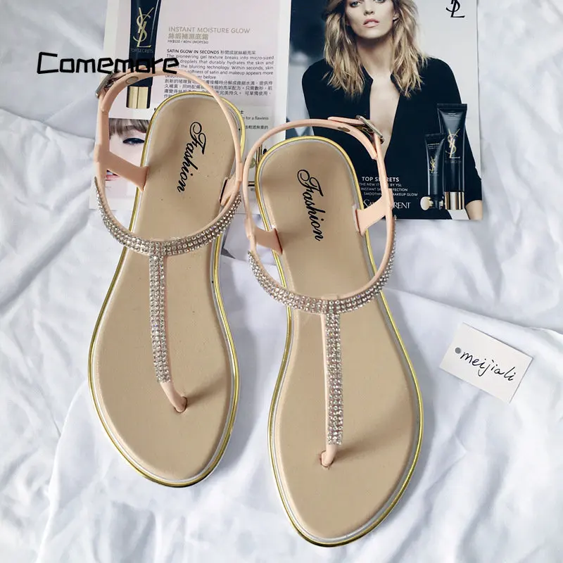 Comemore Women Summer Flat-heeled Shoes Open Toe Flip Flops Buckle Leather Roman Sandal Female Yellow 2023 Beach Thong Sandals