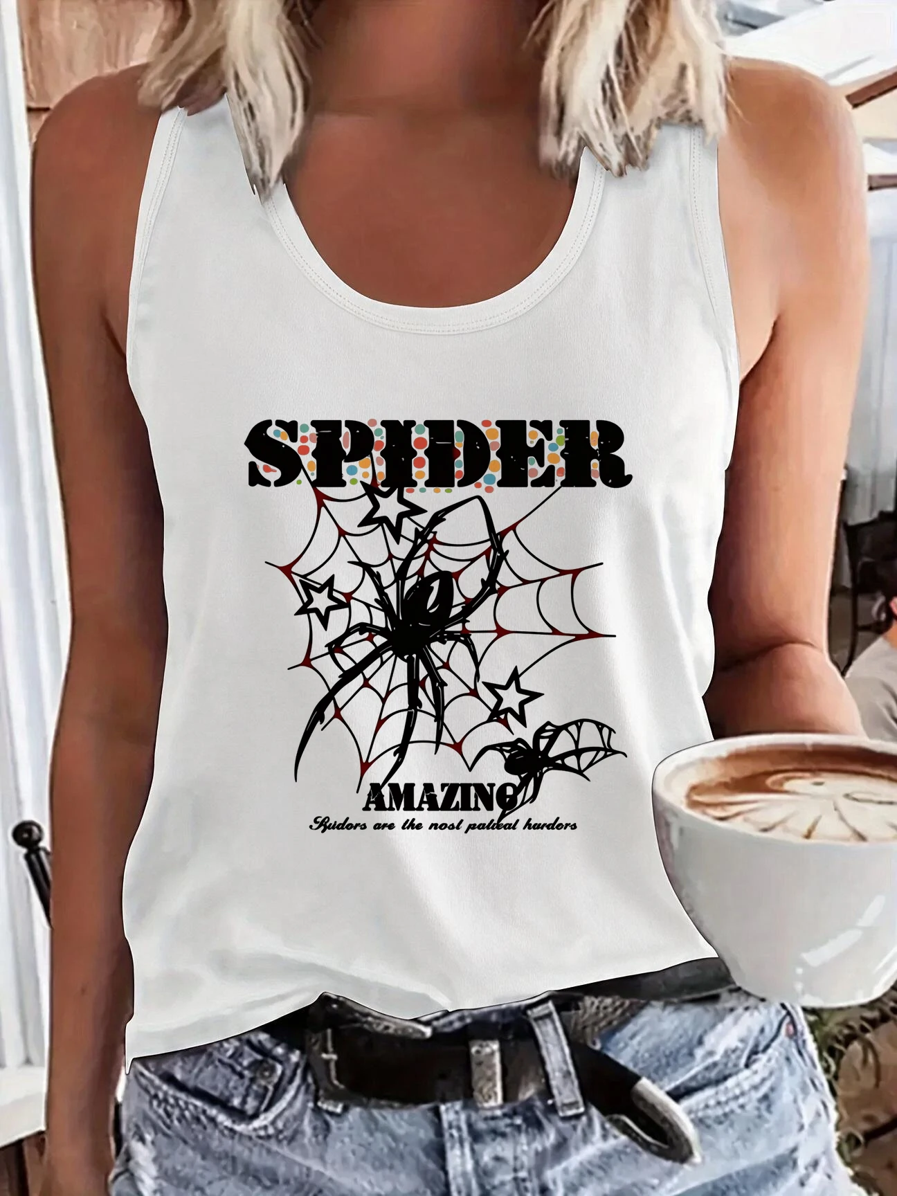 T-shirt sans manches tendance pour femme avec motif araignées et toiles d'araignées, style vintage, débardeur, tenue féminine