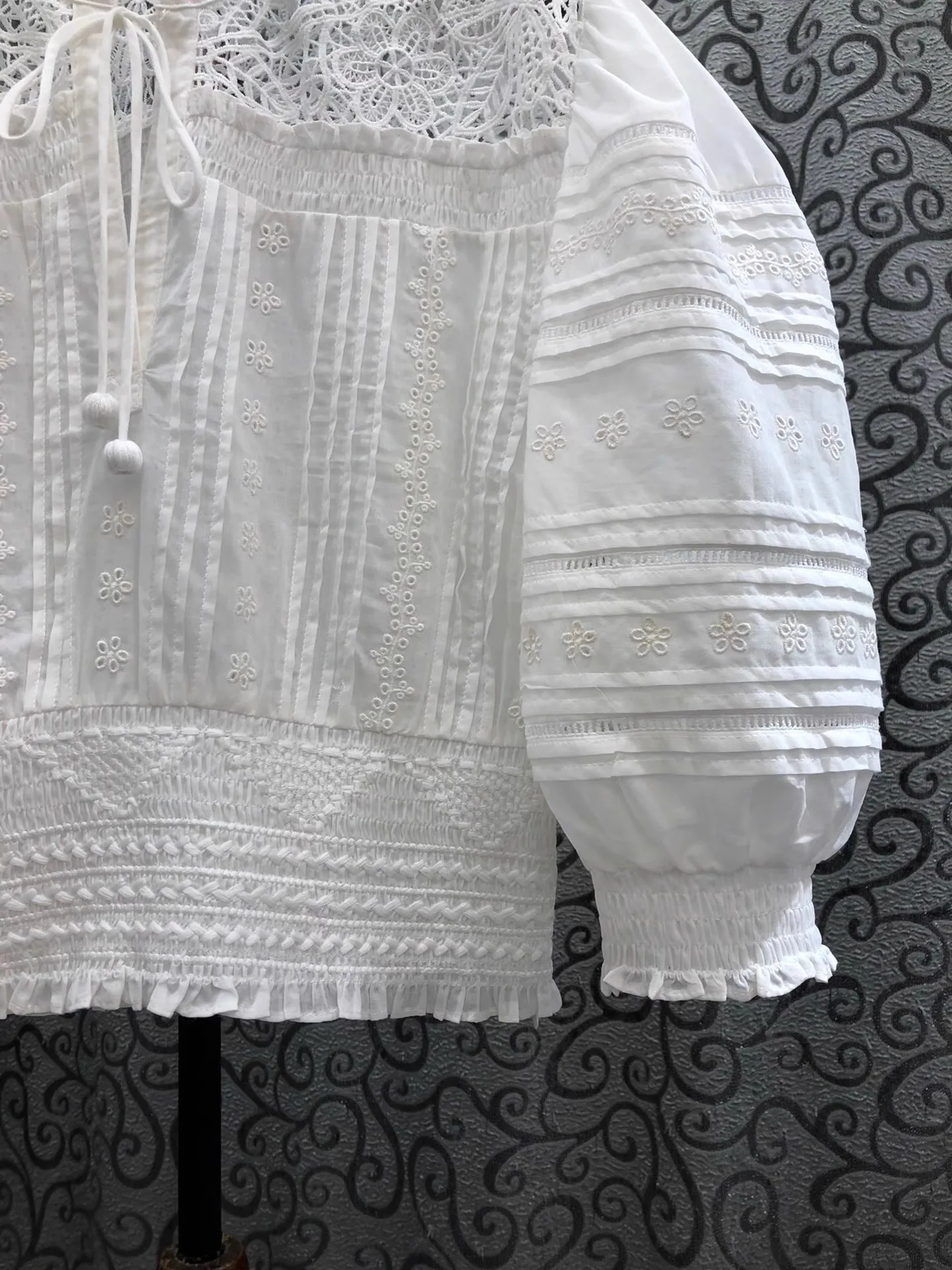 100%Cotton Blouse Shirt 2025 Summer Style Women Crochet Lace Embroidery Patchwork 3/4 Sleeve Black White Sexy Crop Tops Clothes view 5