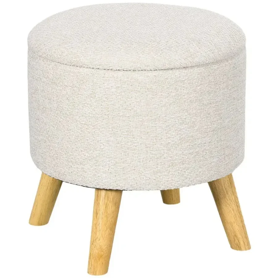 

Round Pouf Ottoman Footrest Stool with Storage Box Wooden Legs Modern Design Cream