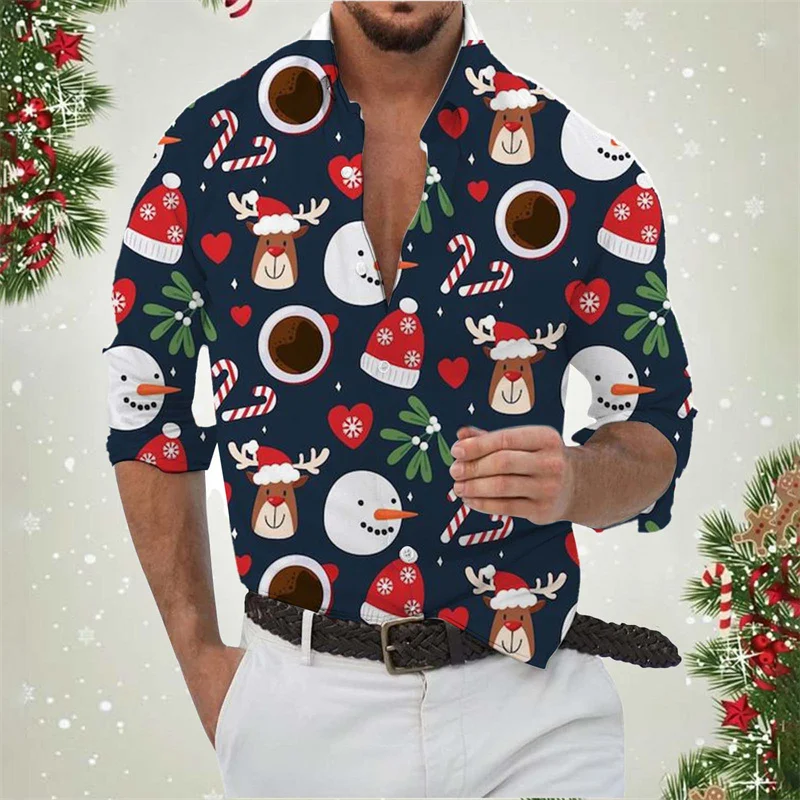 3D Print Santa Claus Reindeer Hawaiian Shirts For Men Snowman Cat Pattern Aloha Shirts Casual Loose Long Sleeve Blouse Lapel Top