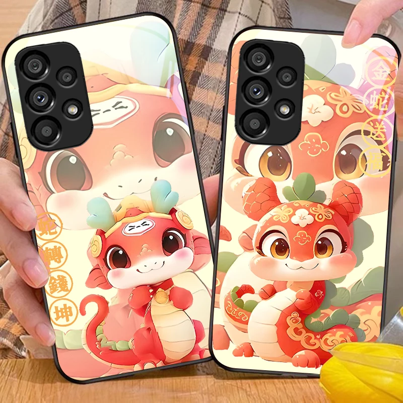 ใหม่การ์ตูนงูสําหรับ Samsung Galaxy S10 20 PLUS 21 FE 22 23 24 FE 25 Ultra กระจกนิรภัยสีดําเคสโทรศัพท์ Hard SHELL