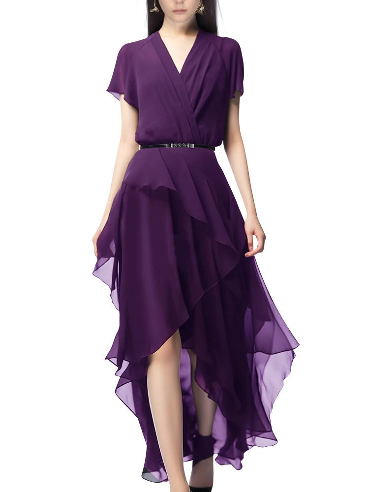 2024 Summer French Style Chiffon Dress Women\'s Mid-length High Waist A-line Irregular Elegant Purple Over-the-knee Long Dress