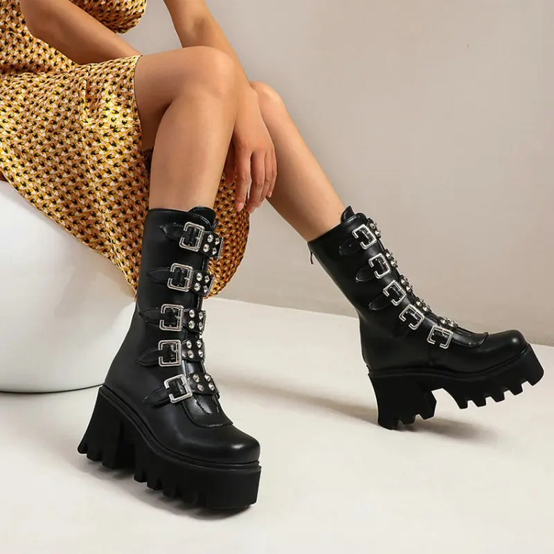 ZawsThia New Chic Goth Womens Platform Chunky Heels Punk Rock Winter Shoes Buckle Strap Woman Mid-calf Boots With Studded Rivets