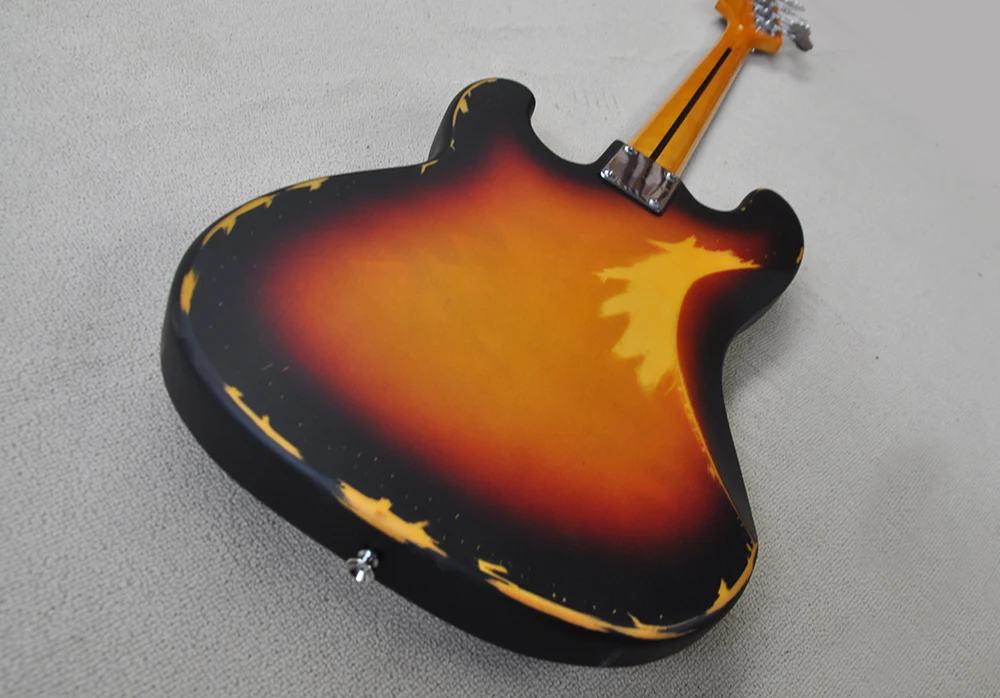 Tobacco Sunburst Relic 4 Strings Electric Bass Guitar with Rosewood Fretboard, Red Pickguard,Customizable