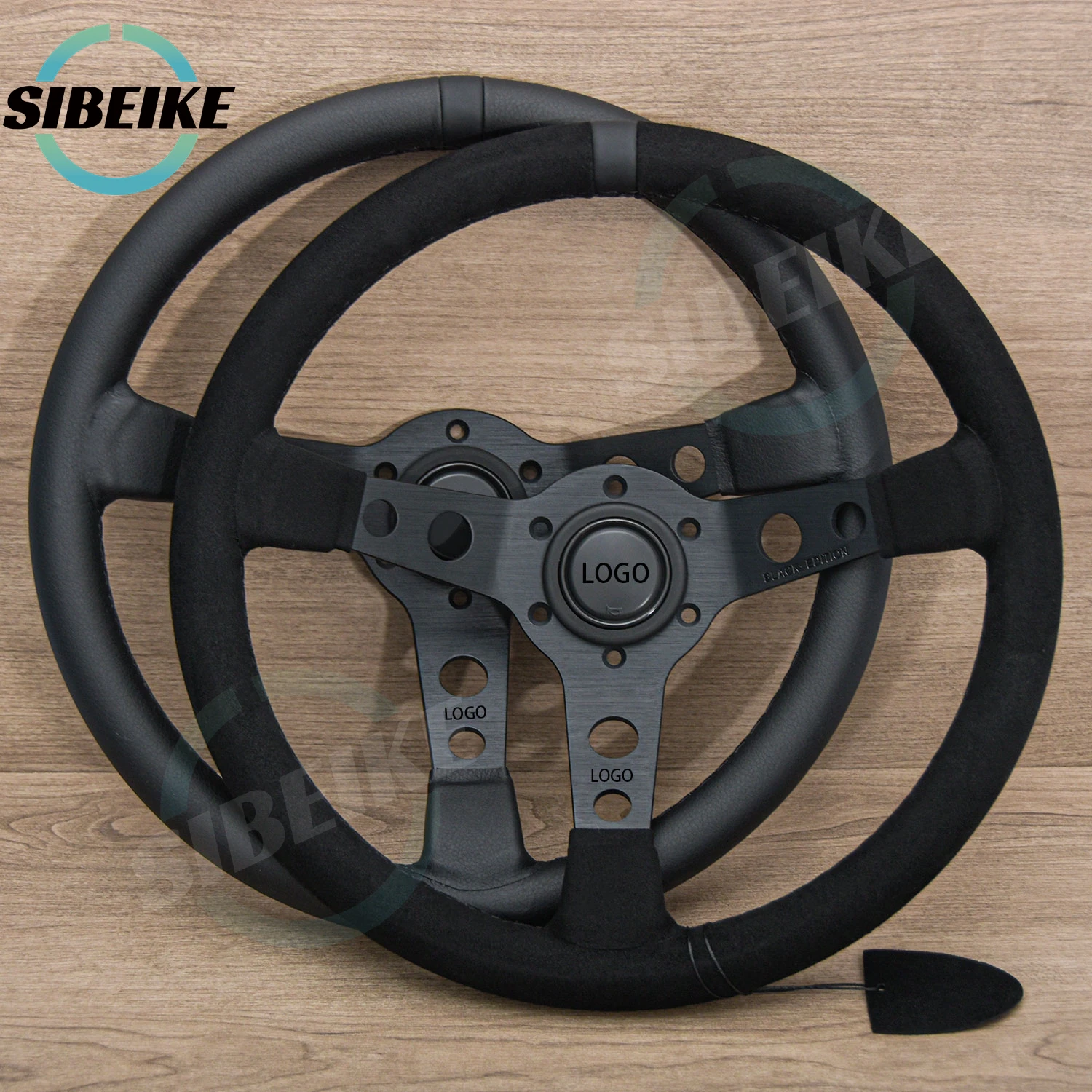 14inch Italy Black Edition Suede Leather Steering Wheel Deep Dish Racing Sports Steering Wheel with Logo