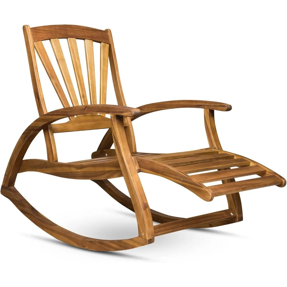 Alva Outdoor Acacia Wood Rocking Chair with Footrest, Teak Finish