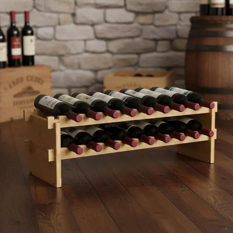 

Free Shipping-2-Tier Solid Bamboo Wood Wine Storage Stand 17.3"x9.8"x11.8" For Kitchen Bar Cellar, Modular Stackable Design Wobb