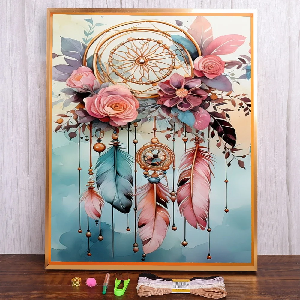 

Cross Stitch Dream Catcher Patterns On Canvas Embroidery Cartoon Feather Full Printed Canvas 14ct Kits Child Hobby Handicraft