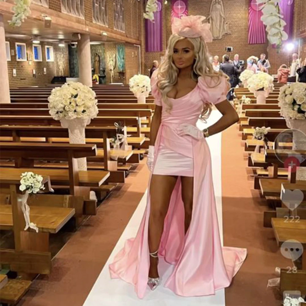 

Modern Pink Mini Short Cocktail Dress Sheath Puff Sleeves Cocktail Gowns for Women Scoop Neck Party Gown With Train